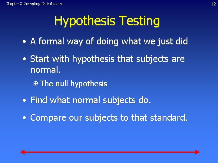 Chapter 8 Sampling Distributions Hypothesis Testing • A formal way of doing what we