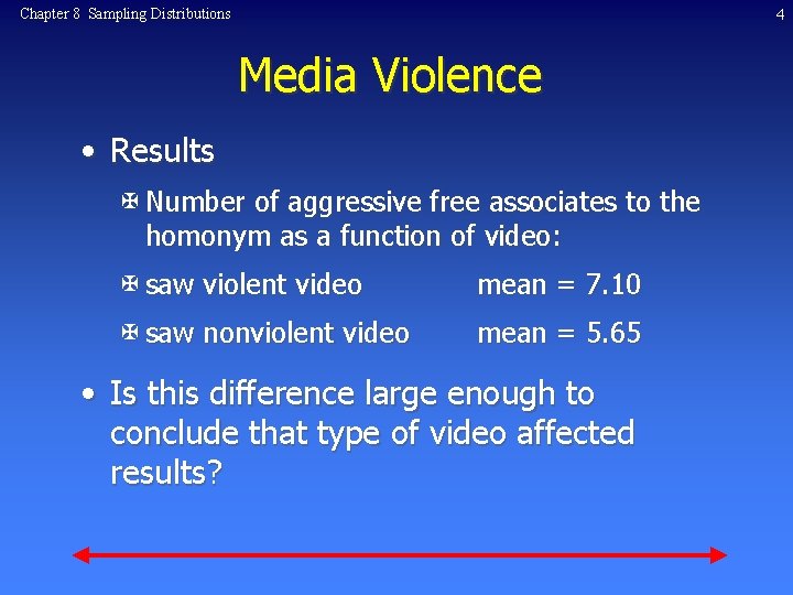 4 Chapter 8 Sampling Distributions Media Violence • Results X Number of aggressive free
