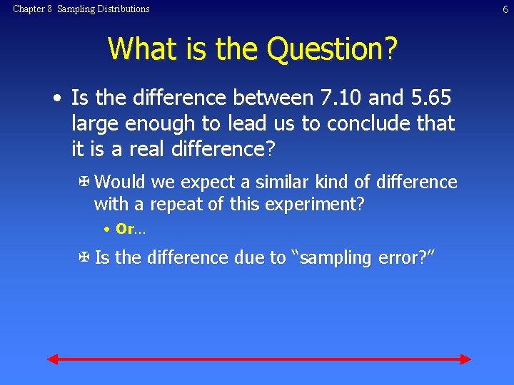 Chapter 8 Sampling Distributions What is the Question? • Is the difference between 7.