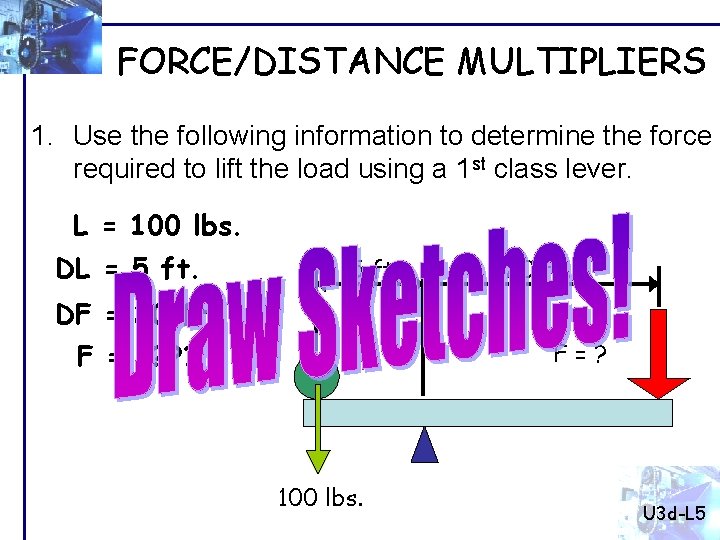 FORCE/DISTANCE MULTIPLIERS 1. Use the following information to determine the force required to lift