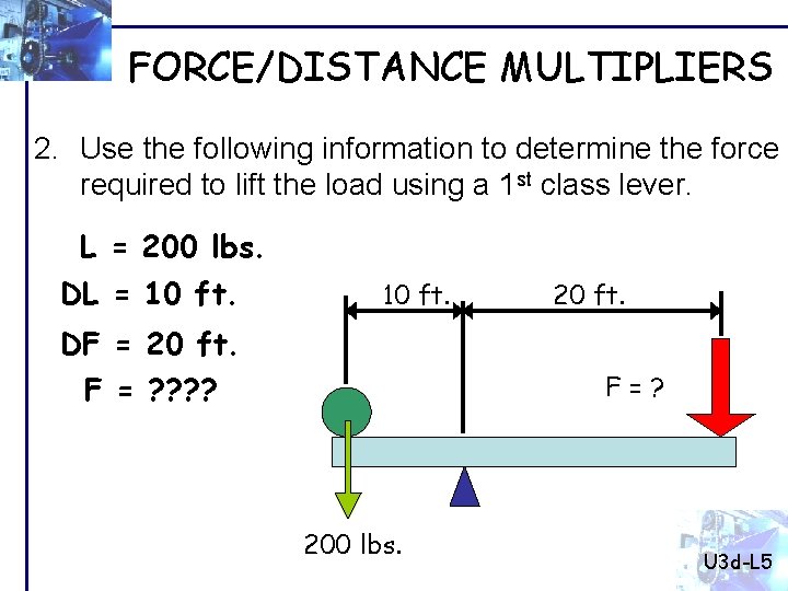 FORCE/DISTANCE MULTIPLIERS 2. Use the following information to determine the force required to lift