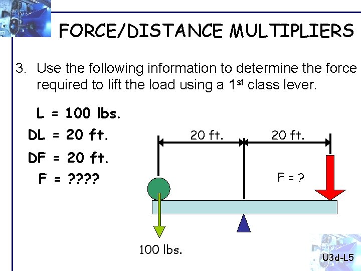 FORCE/DISTANCE MULTIPLIERS 3. Use the following information to determine the force required to lift