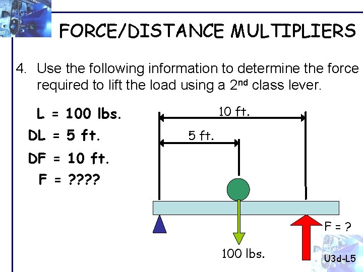 FORCE/DISTANCE MULTIPLIERS 4. Use the following information to determine the force required to lift