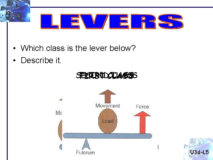  • Which class is the lever below? • Describe it. THIRD SECOND CLASS