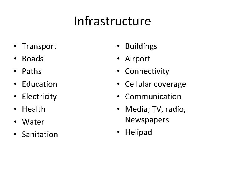 Infrastructure • • Transport Roads Paths Education Electricity Health Water Sanitation Buildings Airport Connectivity