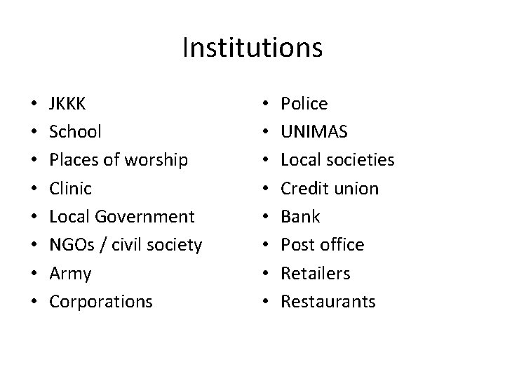 Institutions • • JKKK School Places of worship Clinic Local Government NGOs / civil