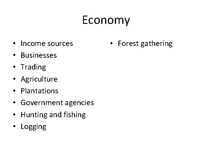 Economy • • Income sources Businesses Trading Agriculture Plantations Government agencies Hunting and fishing