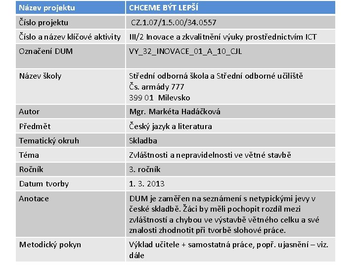 Název projektu CHCEME BÝT LEPŠÍ Číslo projektu CZ. 1. 07/1. 5. 00/34. 0557 Číslo