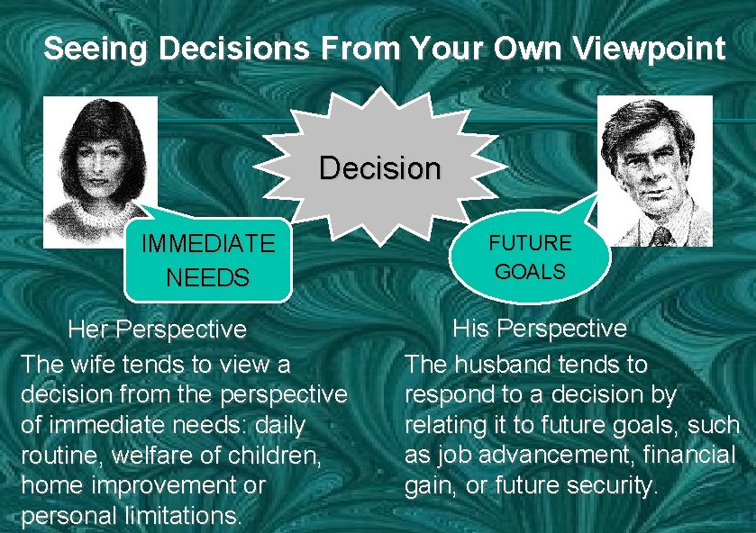 Seeing Decisions From Your Own Viewpoint Decision IMMEDIATE NEEDS Her Perspective The wife tends