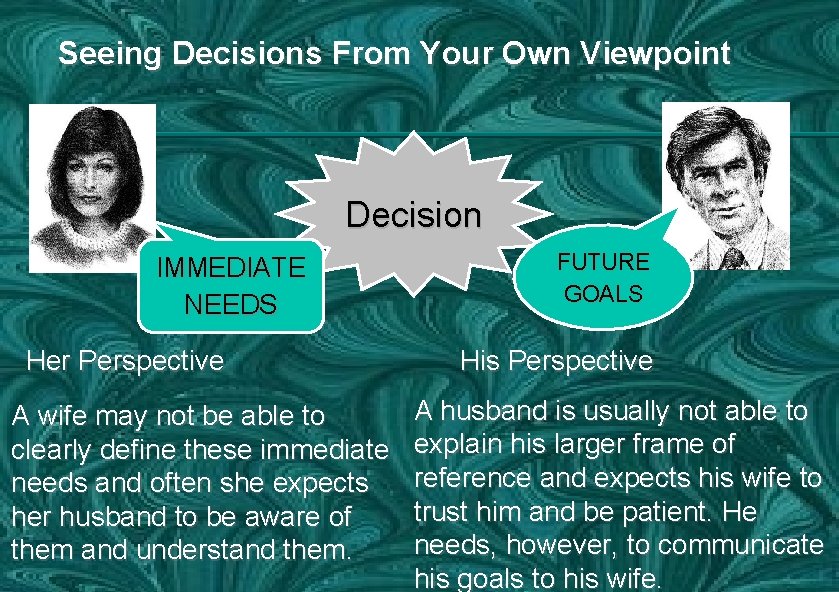 Seeing Decisions From Your Own Viewpoint Decision IMMEDIATE NEEDS Her Perspective A wife may