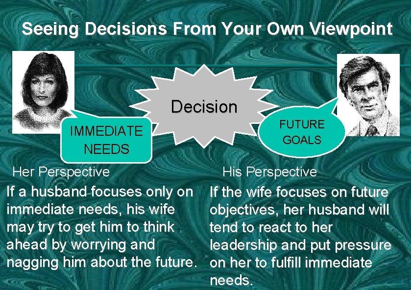 Seeing Decisions From Your Own Viewpoint Decision IMMEDIATE NEEDS Her Perspective If a husband