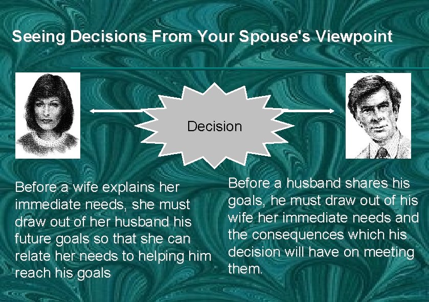 Seeing Decisions From Your Spouse's Viewpoint Decision Before a wife explains her immediate needs,