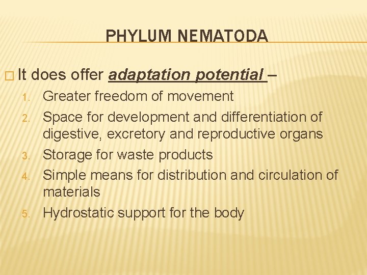 PHYLUM NEMATODA � It 1. 2. 3. 4. 5. does offer adaptation potential –
