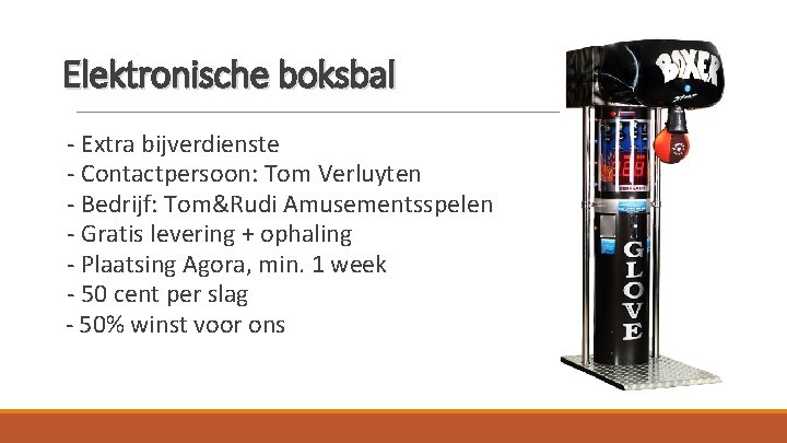 Elektronische boksbal - Extra bijverdienste - Contactpersoon: Tom Verluyten - Bedrijf: Tom&Rudi Amusementsspelen -