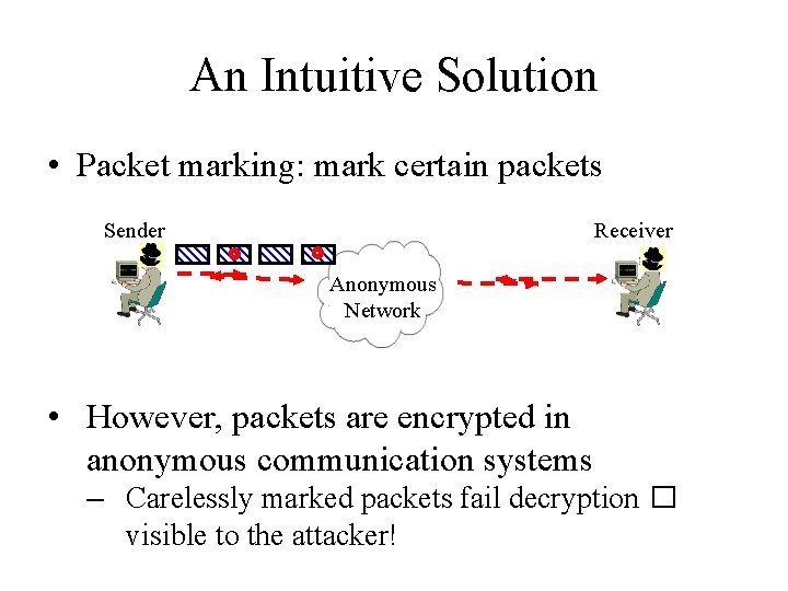 An Intuitive Solution • Packet marking: mark certain packets Sender Receiver Anonymous Network •