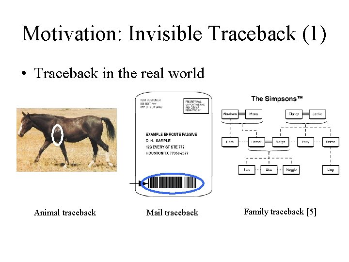 Motivation: Invisible Traceback (1) • Traceback in the real world Animal traceback Mail traceback