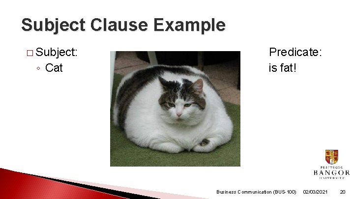 Subject Clause Example � Subject: ◦ Cat Predicate: is fat! Business Communication (BUS-100) 02/03/2021