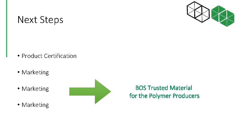 Next Steps • Product Certification • Marketing BOS Trusted Material for the Polymer Producers