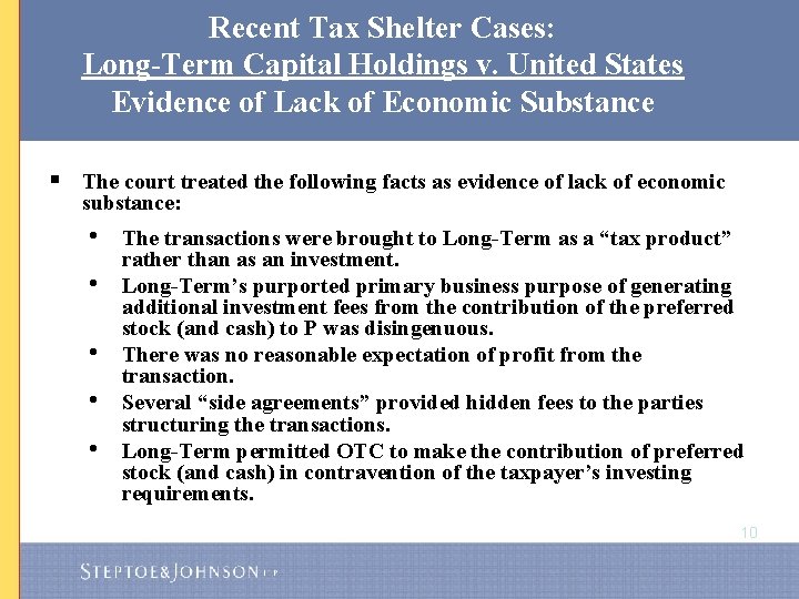 Recent Tax Shelter Cases: Long-Term Capital Holdings v. United States Evidence of Lack of