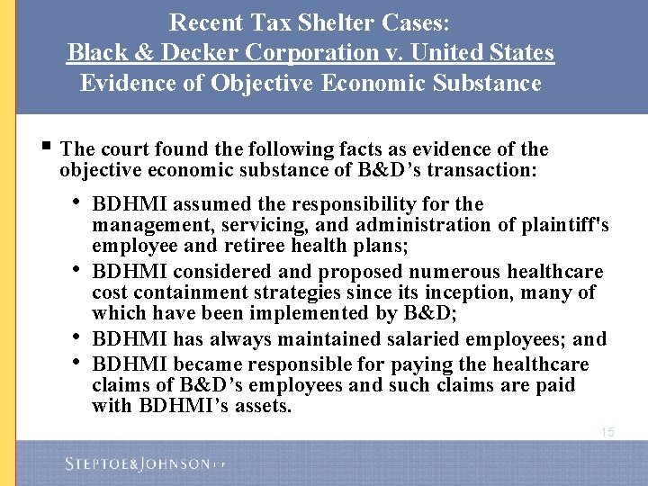 Recent Tax Shelter Cases: Black & Decker Corporation v. United States Evidence of Objective