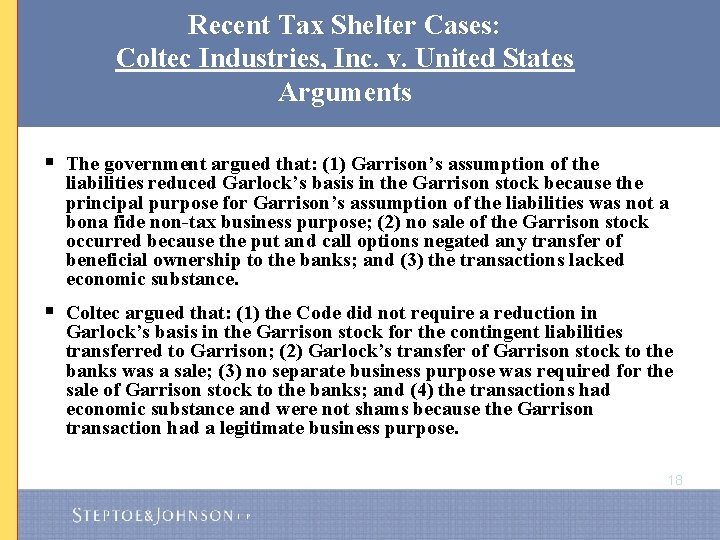 Recent Tax Shelter Cases: Coltec Industries, Inc. v. United States Arguments § The government