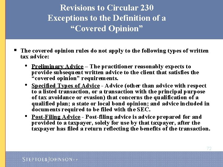 Revisions to Circular 230 Exceptions to the Definition of a “Covered Opinion” § The