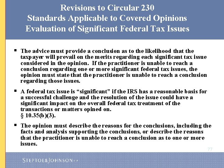 Revisions to Circular 230 Standards Applicable to Covered Opinions Evaluation of Significant Federal Tax