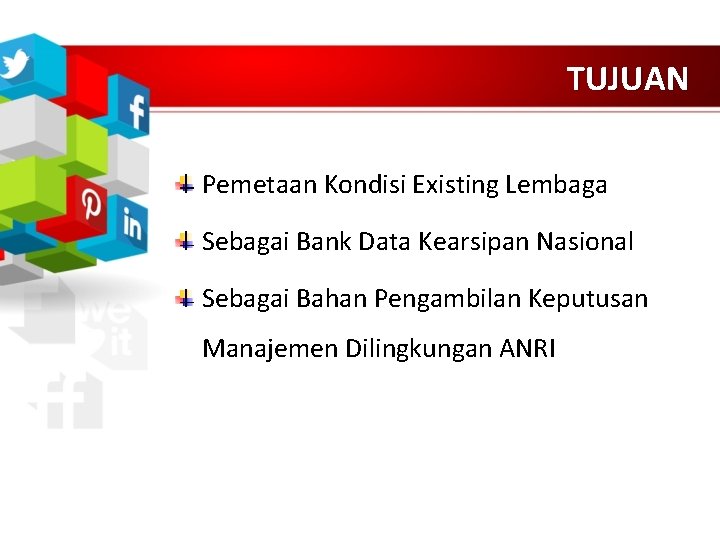 TUJUAN Pemetaan Kondisi Existing Lembaga Sebagai Bank Data Kearsipan Nasional Sebagai Bahan Pengambilan Keputusan