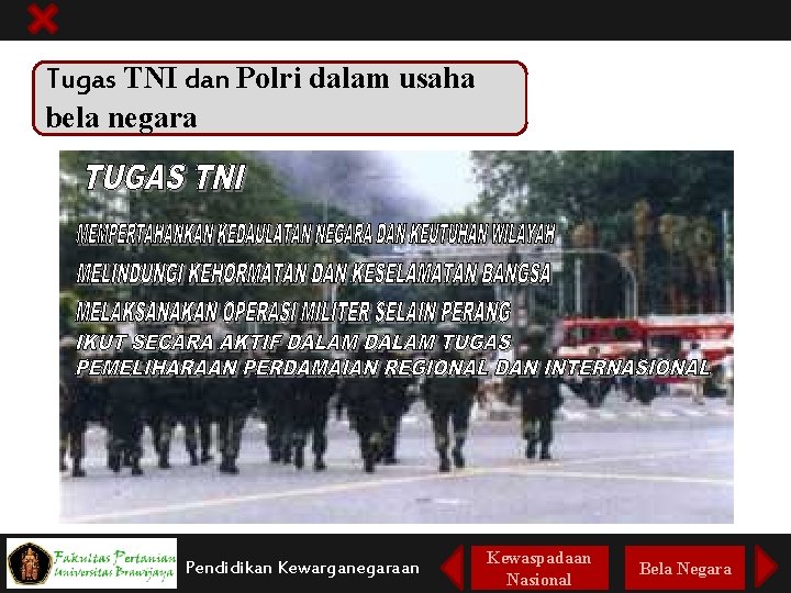 Tugas TNI dan Polri dalam usaha bela negara Pendidikan Kewarganegaraan 13/01/2013 Kewaspadaan Bela Negara
