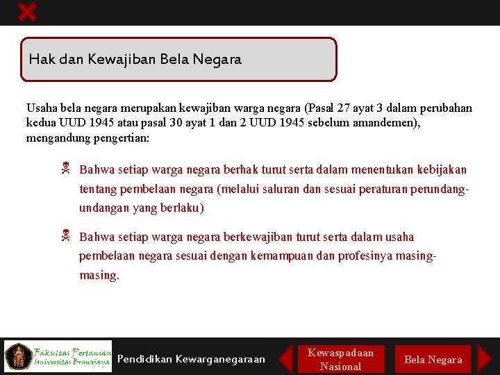 Hak dan Kewajiban Bela Negara Usaha bela negara merupakan kewajiban warga negara (Pasal 27