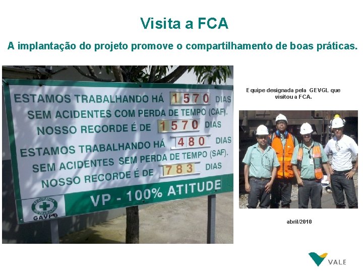 Visita a FCA A implantação do projeto promove o compartilhamento de boas práticas. Equipe