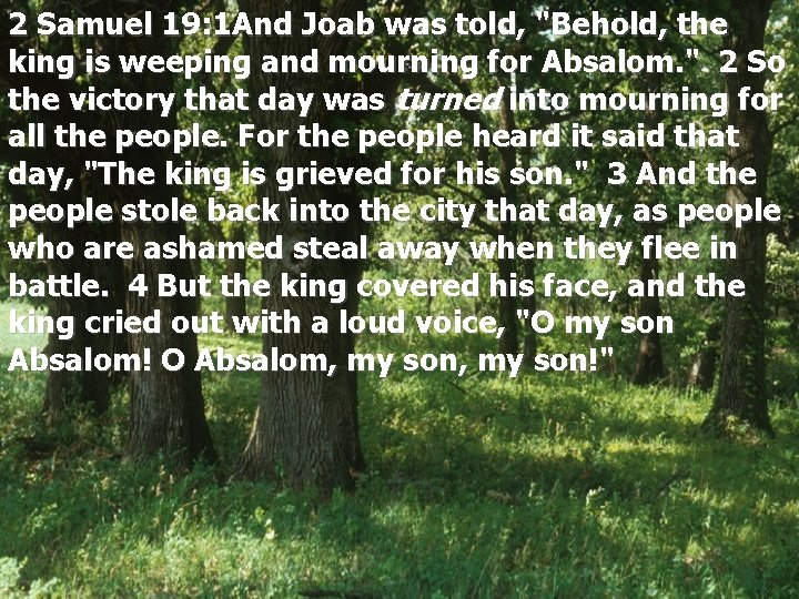 2 Samuel 19: 1 And Joab was told, "Behold, the king is weeping and