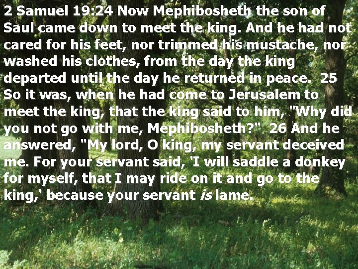 2 Samuel 19: 24 Now Mephibosheth the son of Saul came down to meet