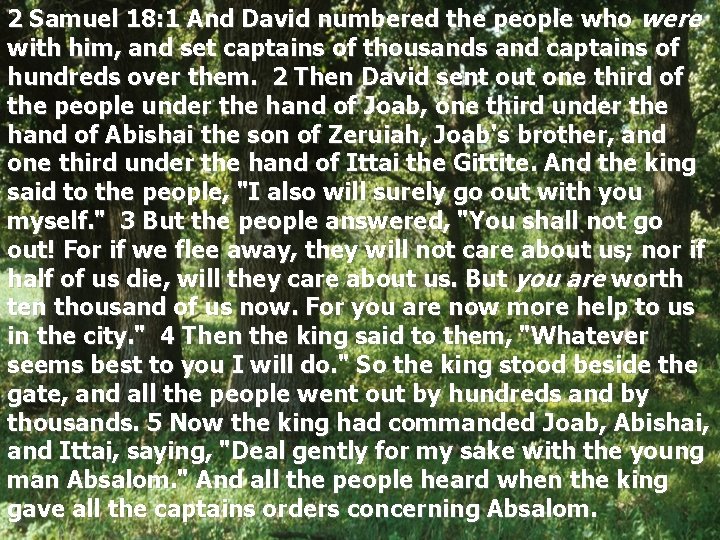 2 Samuel 18: 1 And David numbered the people who were with him, and