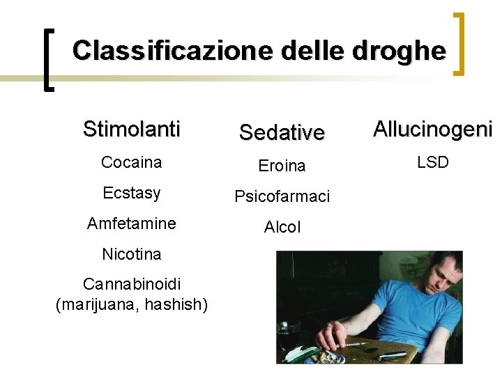Classificazione delle droghe Stimolanti Sedative Allucinogeni Cocaina Eroina LSD Ecstasy Psicofarmaci Amfetamine Alcol Nicotina