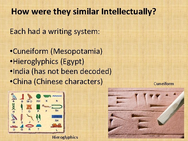 How were they similar Intellectually? Each had a writing system: • Cuneiform (Mesopotamia) •