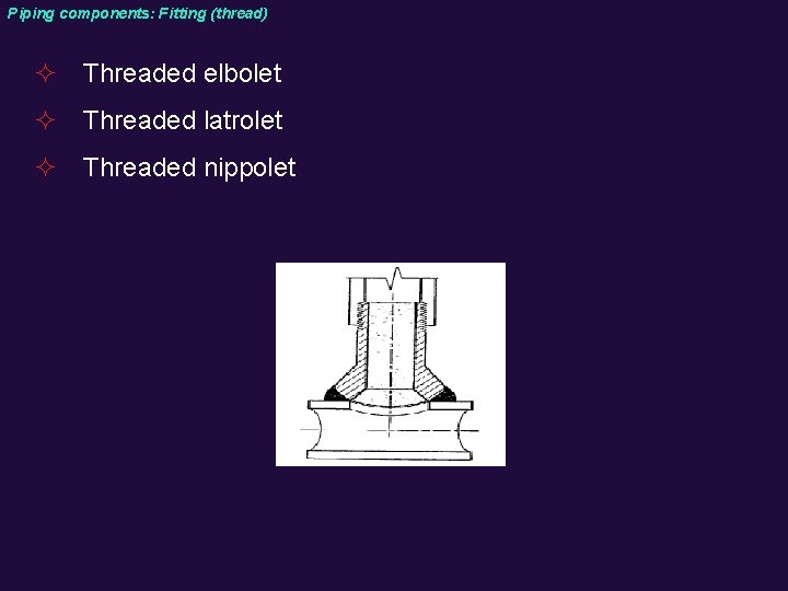 Piping components: Fitting (thread) ² Threaded elbolet ² Threaded latrolet ² Threaded nippolet 