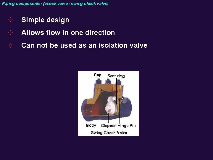 Piping components: (check valve / swing check valve) ² Simple design ² Allows flow