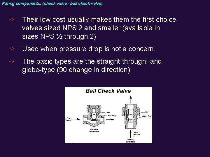 Piping components: (check valve / ball check valve) ² Their low cost usually makes