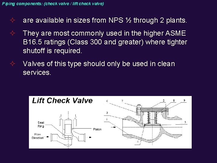 Piping components: (check valve / lift check valve) ² are available in sizes from