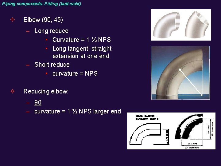 Piping components: Fitting (butt-weld) ² Elbow (90, 45) – Long reduce • Curvature =