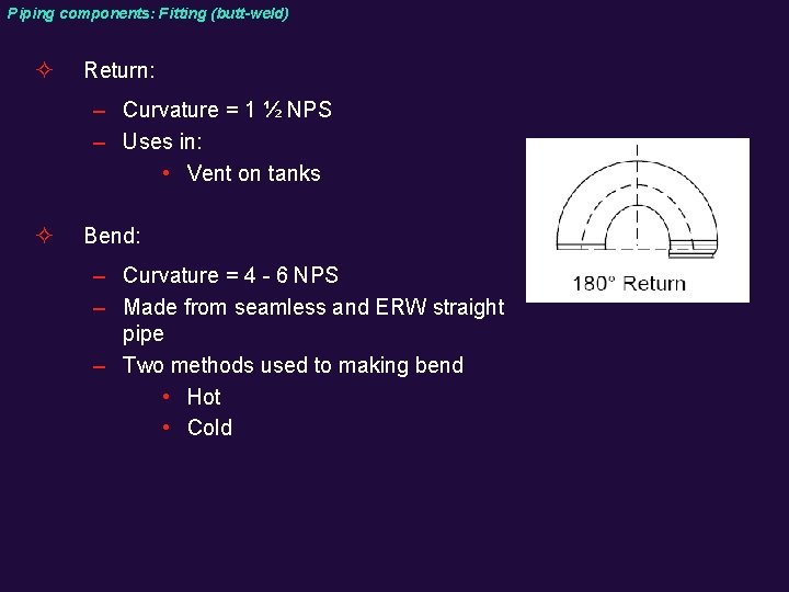 Piping components: Fitting (butt-weld) ² Return: – Curvature = 1 ½ NPS – Uses