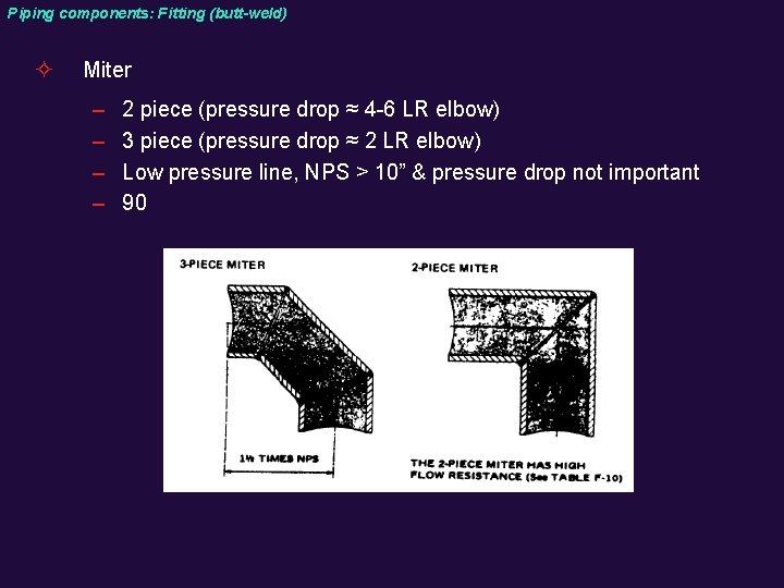 Piping components: Fitting (butt-weld) ² Miter – – 2 piece (pressure drop ≈ 4