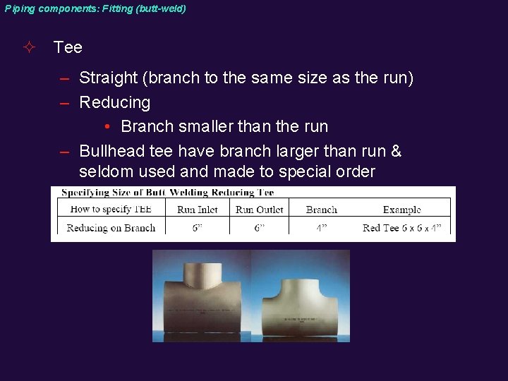 Piping components: Fitting (butt-weld) ² Tee – Straight (branch to the same size as