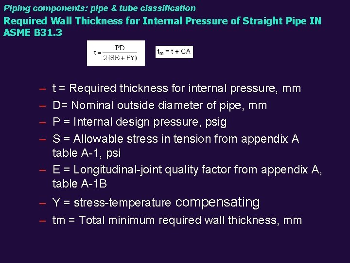 Piping components: pipe & tube classification Required Wall Thickness for Internal Pressure of Straight