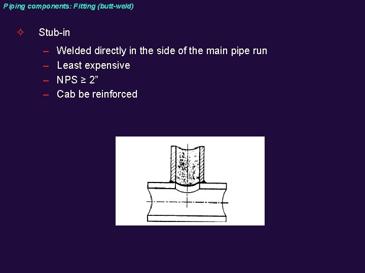 Piping components: Fitting (butt-weld) ² Stub-in – – Welded directly in the side of