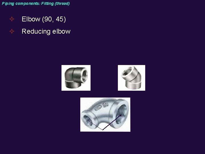 Piping components: Fitting (thread) ² Elbow (90, 45) ² Reducing elbow 