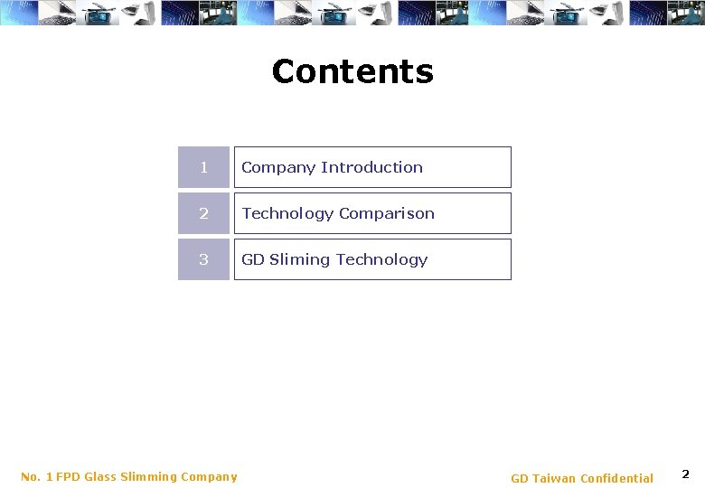 Contents 1 Company Introduction 2 Technology Comparison 3 GD Sliming Technology No. 1 FPD