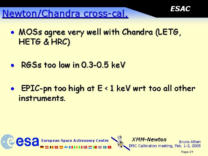 ESAC Newton/Chandra cross-cal. · MOSs agree very well with Chandra (LETG, HETG & HRC)