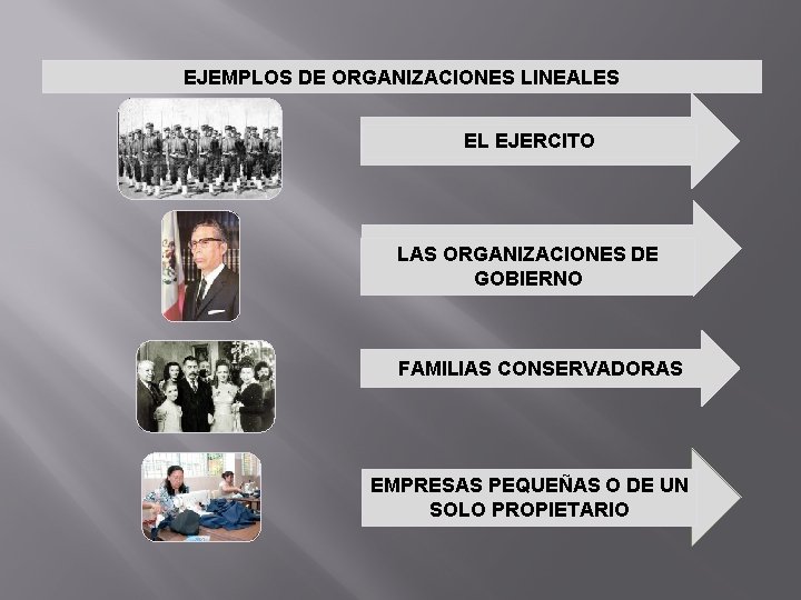 EJEMPLOS DE ORGANIZACIONES LINEALES EL EJERCITO LAS ORGANIZACIONES DE GOBIERNO FAMILIAS CONSERVADORAS EMPRESAS PEQUEÑAS